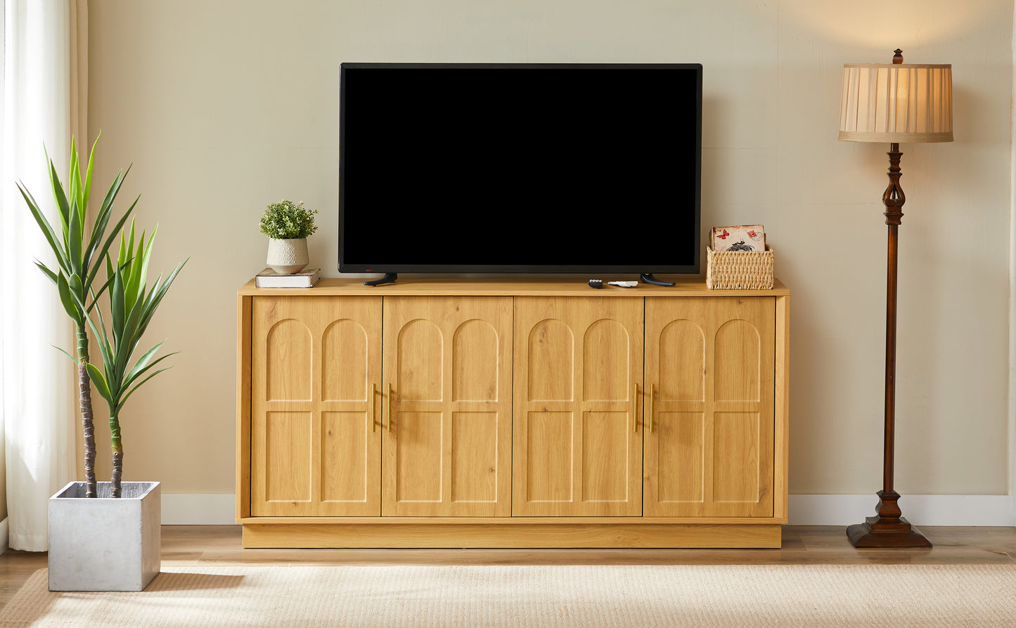 Extra Large Sideboard With Storage, Modern Display Case With Arched Front, 169cm Long TV Cabinet, Suitable For Living Room Kitchen Dining Room Hallway, Natural, 169x40x80cm