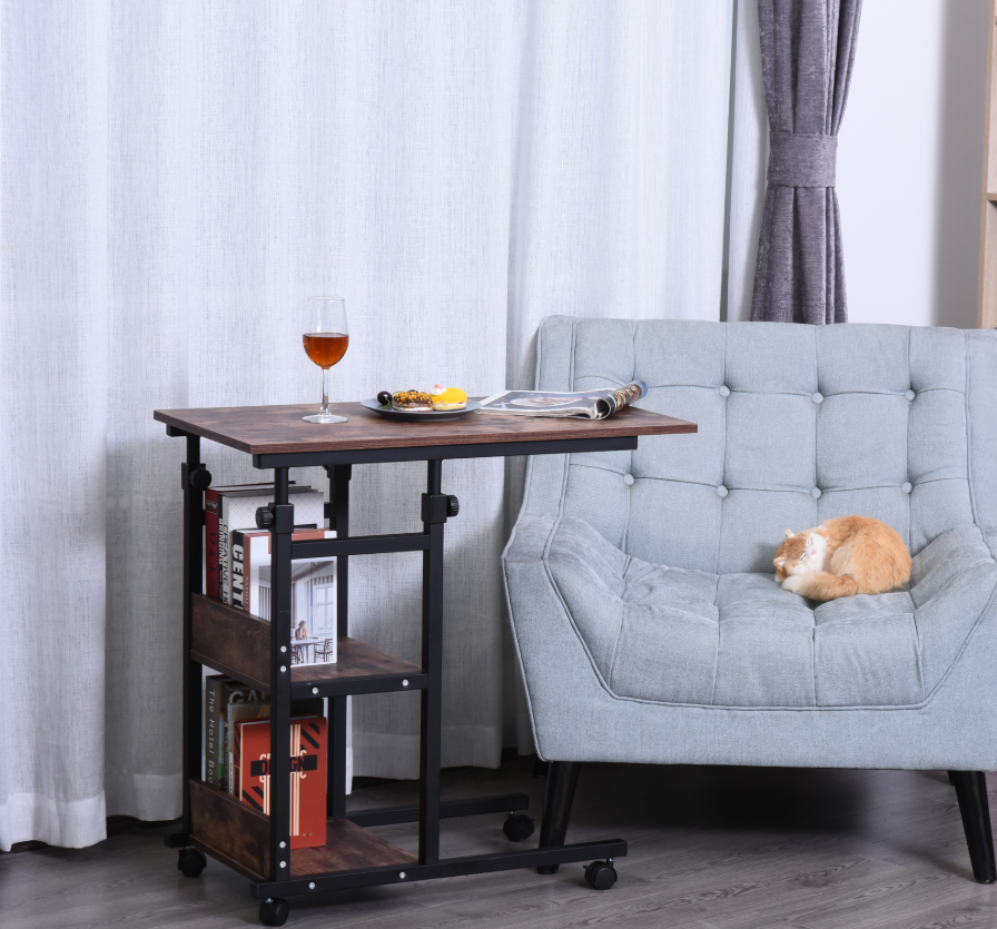 Mobile Nightstand Adjustable 3-Tier C-Shaped Side Table With Casters