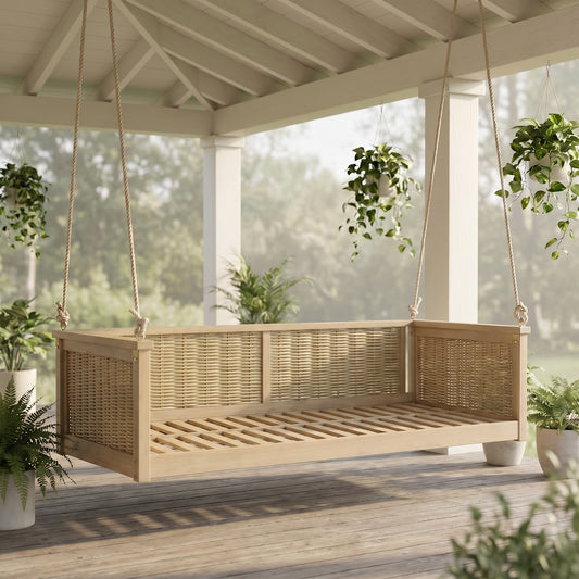 TOPMAX Outdoor Classic Solid Wood Twin Size Swing Bed,Garden Porch Rattan Swing Frame With Long Ropes For Poolside, Backyard, LIGHT TEAK