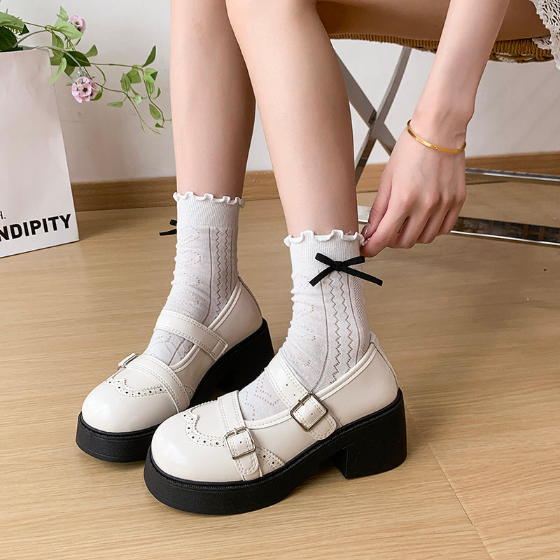 Fashion Cute Mary Jane Shoes For Women With Strap Buckle Decor, Chunky Platform Comfort Block Heel Elevated Leather Flats