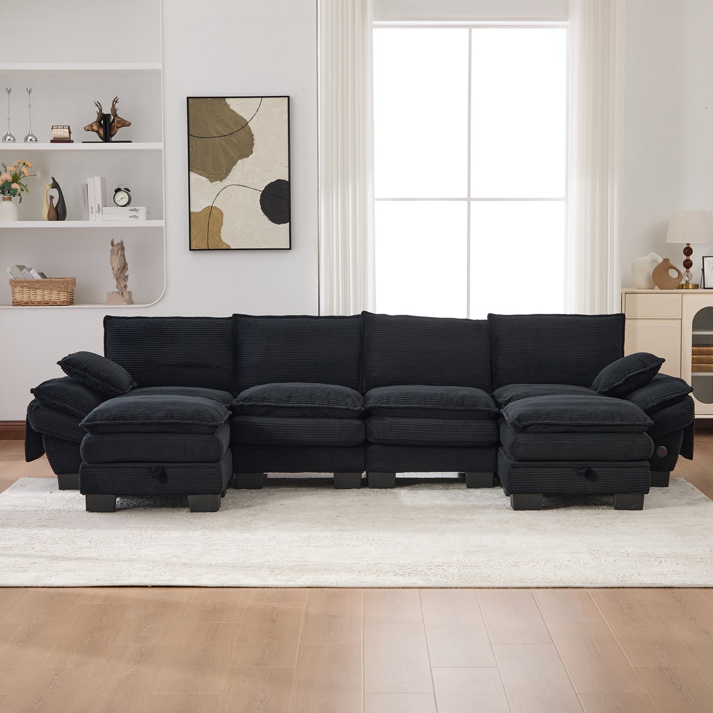 Modular 4-seater Corduroy Sofa  With 2 Stools Wide Seat, Ergonomic Design, High-density Foam Padding, USB-C Port And Side Pockets.Ideal For Living Room, Office Or Lounge.Black