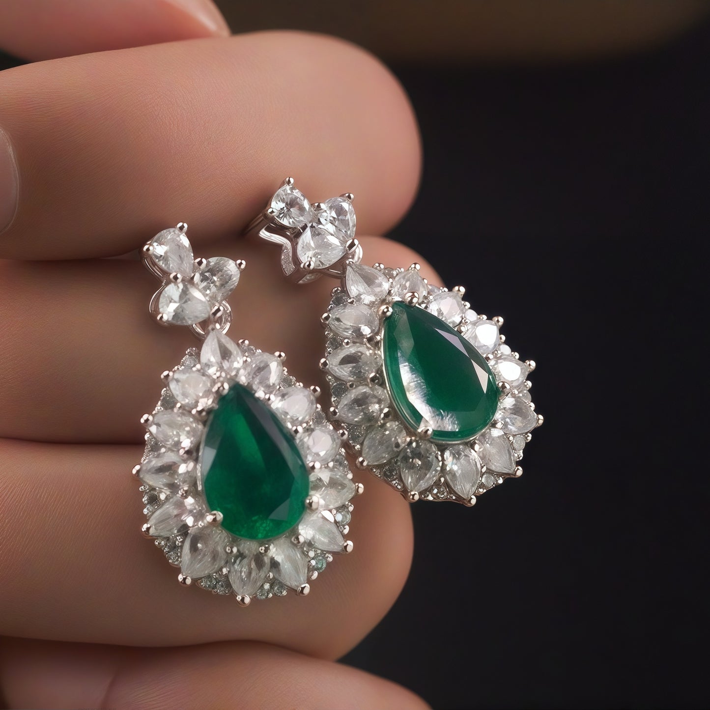 Pear Cut Vivid Emerald CZ Multi Marquise White Crystal Halo Dangle Earrings For Women, Copper Silver Plated Vintage Royal Bridal Wedding Formal Banquet Statement Jewelry Gift