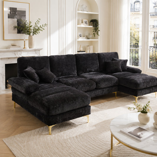 Old SKU W1880S00025 Modern Large Chenille U-Shape Sectional Sofa With Double Reclining Seats For Living Room Bedroom Office Apartment Villa Living Room Home By The Fireplace