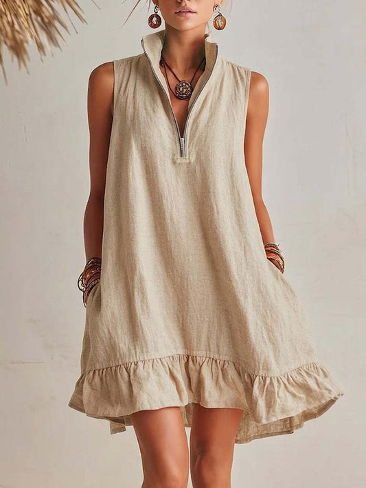 Womens New Fashion Casual Loose Sleeveless Dress HalfZip With Ruffled Hem