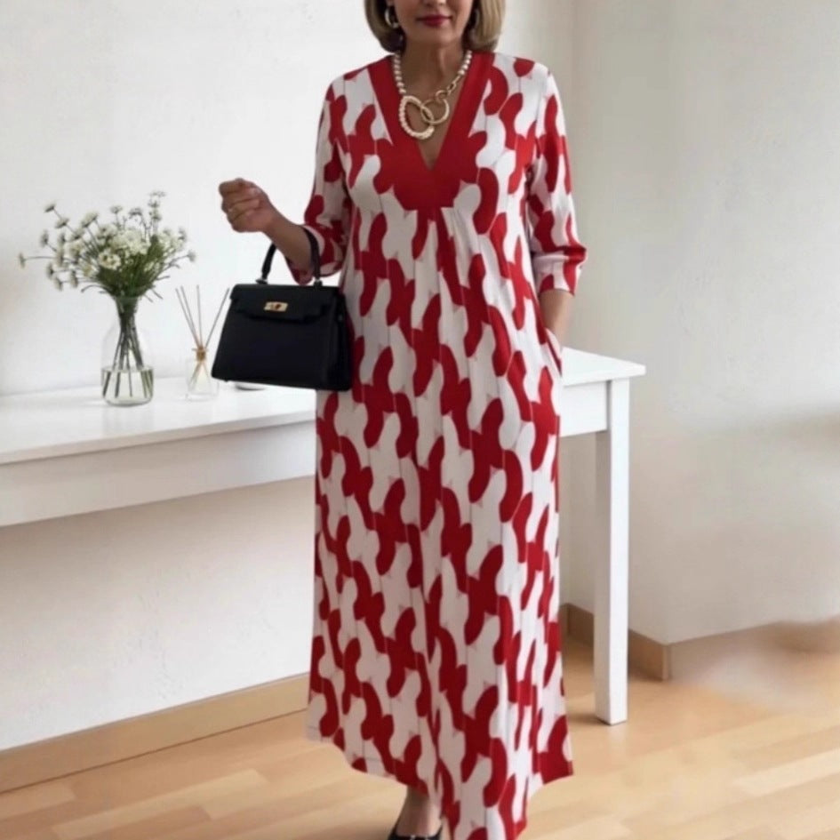 SpringSummer New Womens V-neck Printed Dress