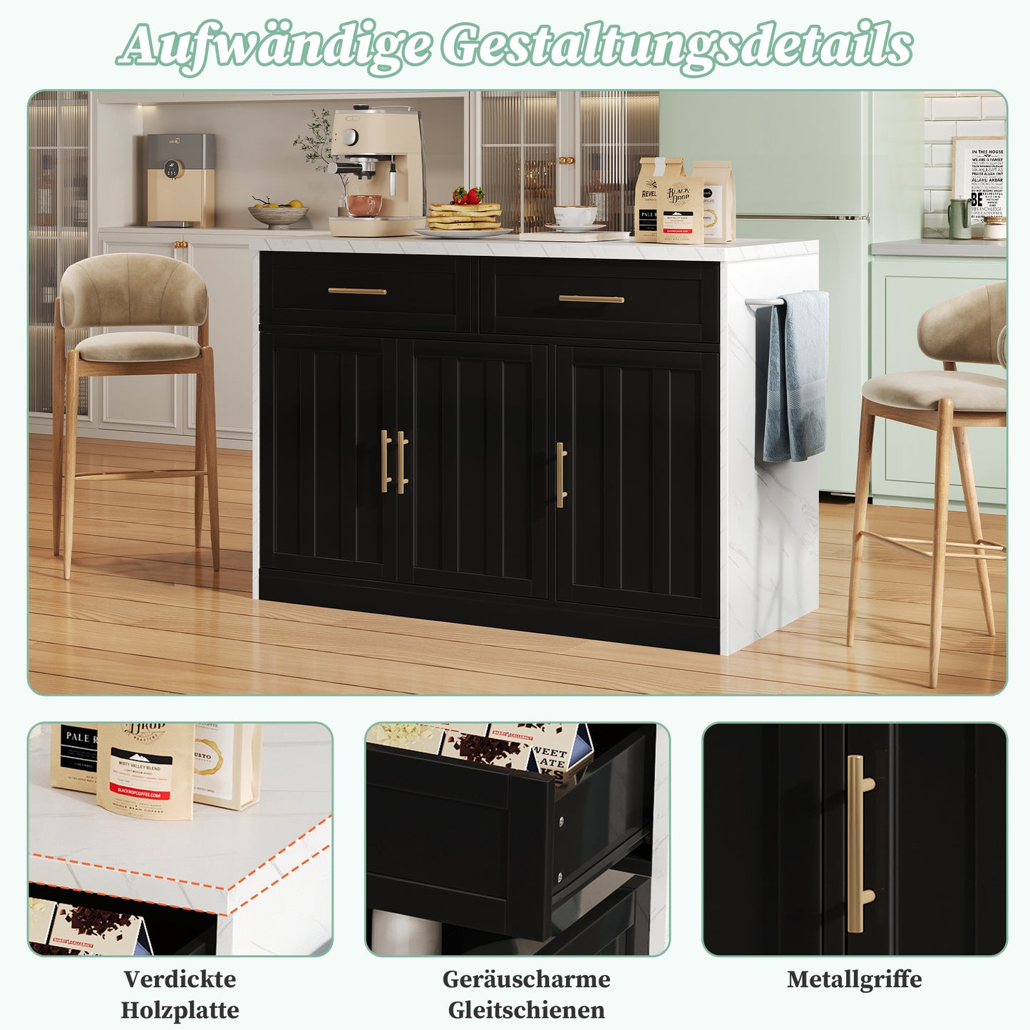 120x60x91cm, Kitchen Island, Sockets, USB Ports, 1.5m Long Power Cord, Adjustable Shelves, Metal Handles, Towel Rail, Bar Area, Suitable For Homes, Kitchens And Similar Rooms