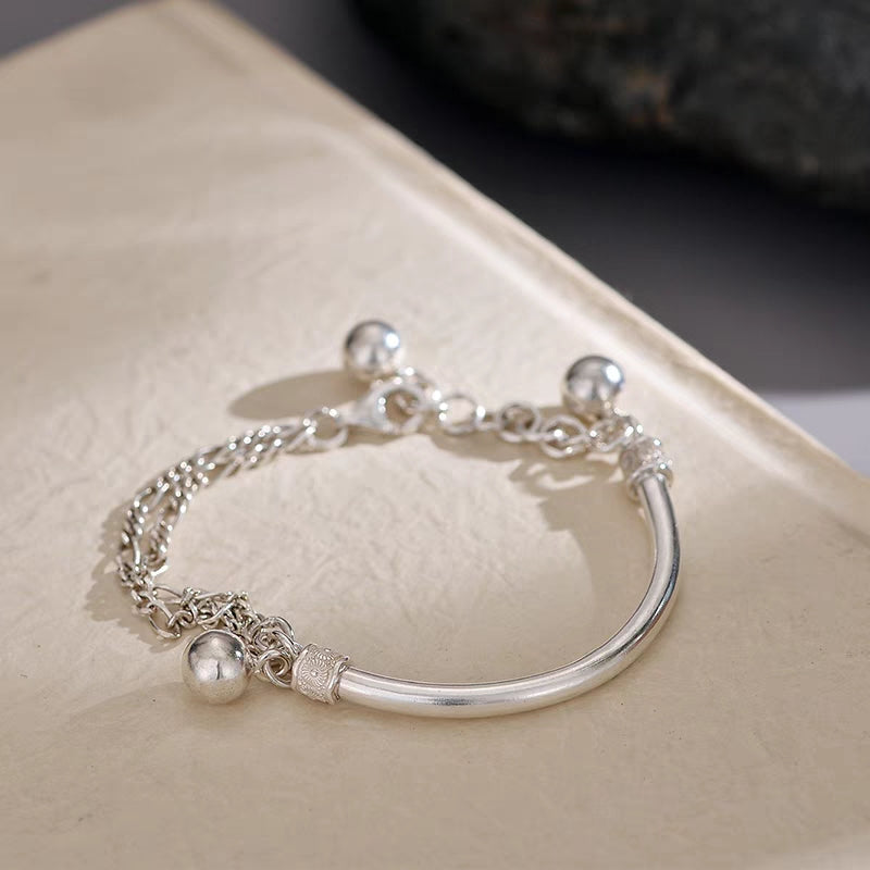 1pc 999 Sterling Silver Half-Bangle With Bead Tassel Bracelet, Minimalist Chinese Style, Perfect For Daily Wear & Valentine's Gifts