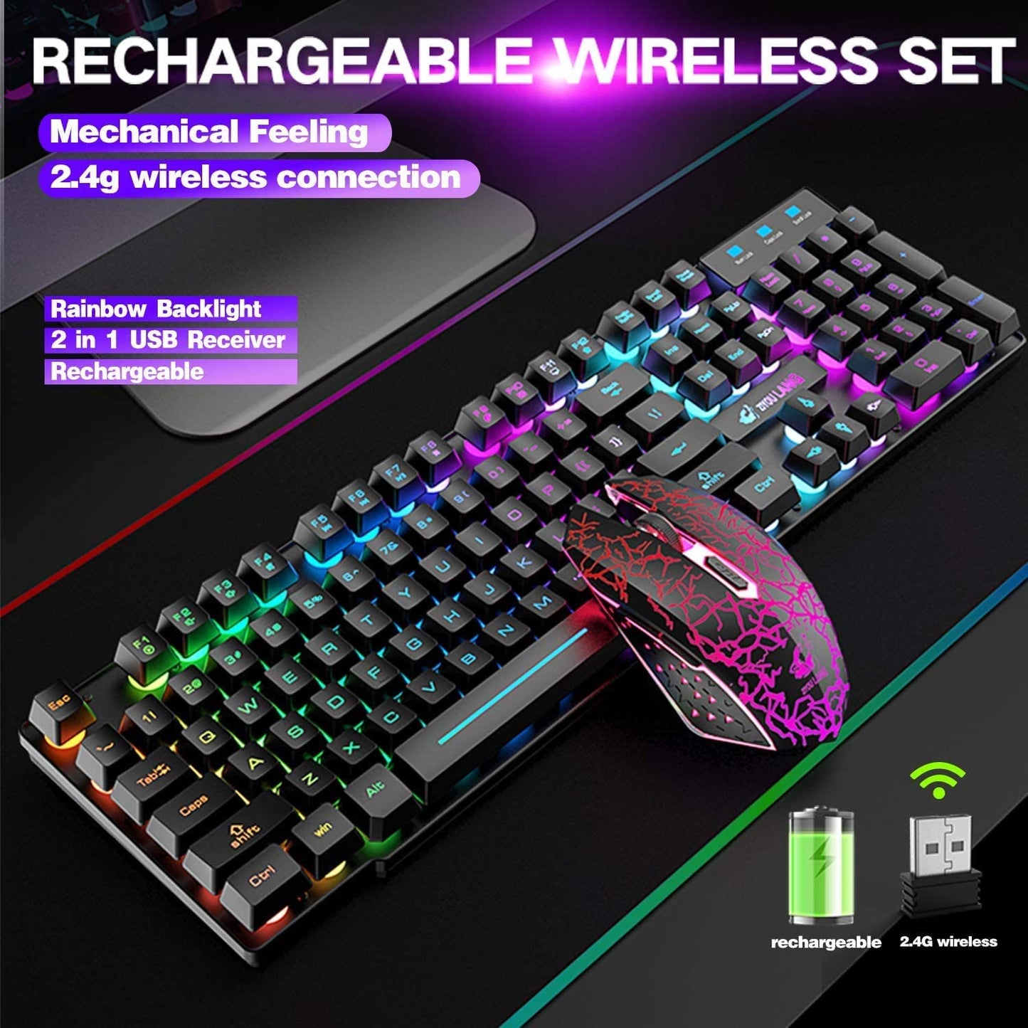 2.4G Wireless Gaming Keyboard&2400DPI Mouse Set Rainbow Backlit For Gamer Office