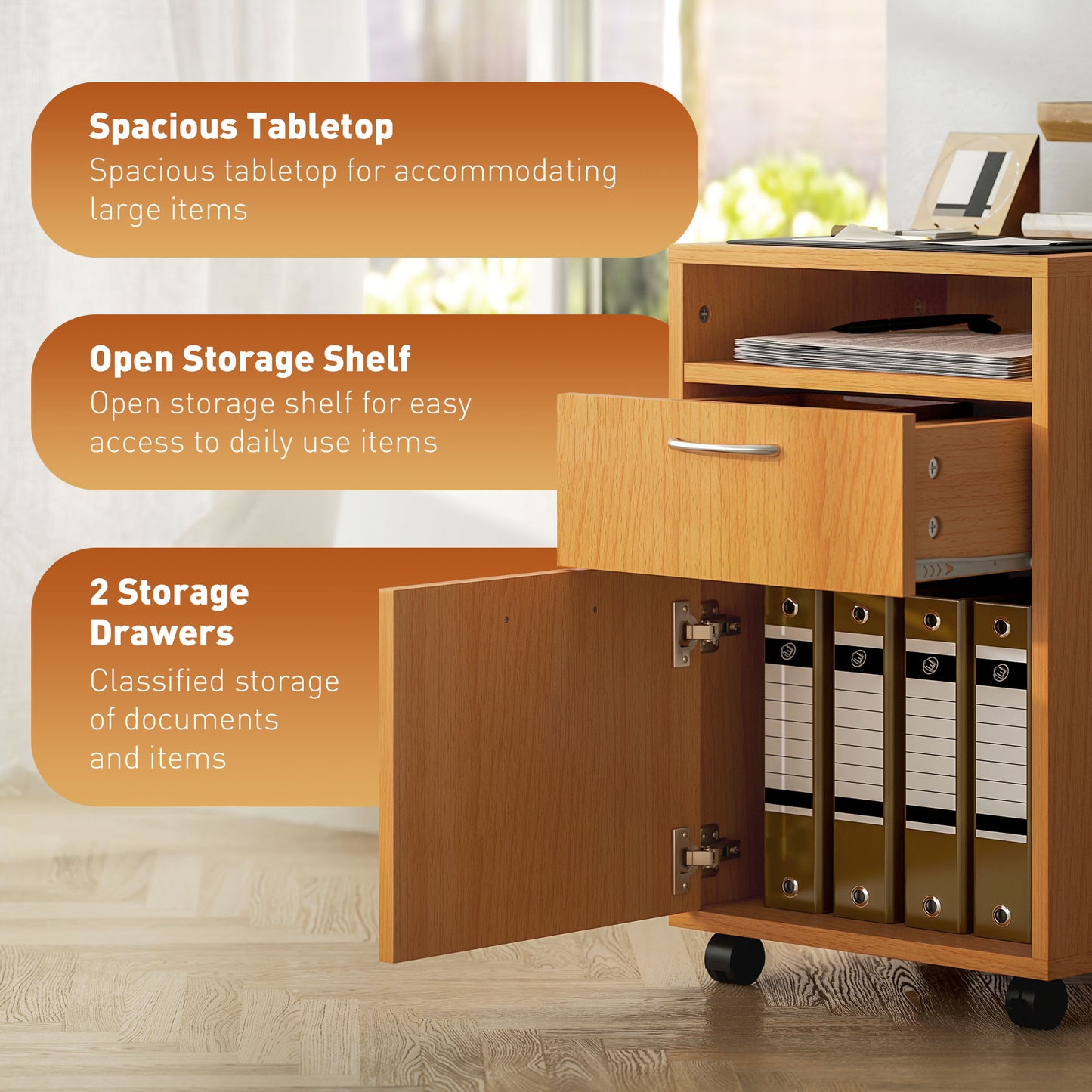 60cm Filing Cabinet With Drawer, Open Shelf, Metal Handles And 4 Wheels, Office Home Organiser Mobile Printer, Natural Wood Finish