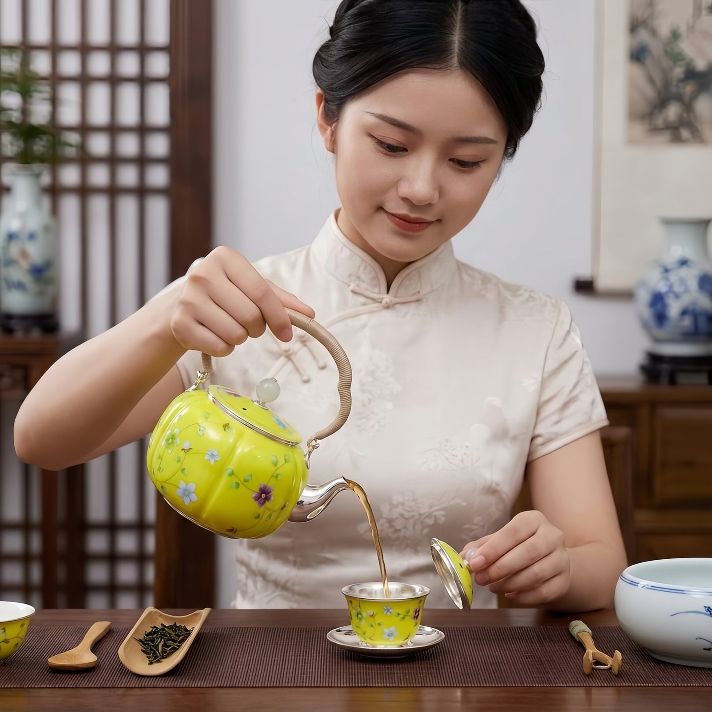 925 Sterling Silver Elegant Hand-Painted Floral Enamel Tea Kettle with Woven Fiber Handle - Handicraft