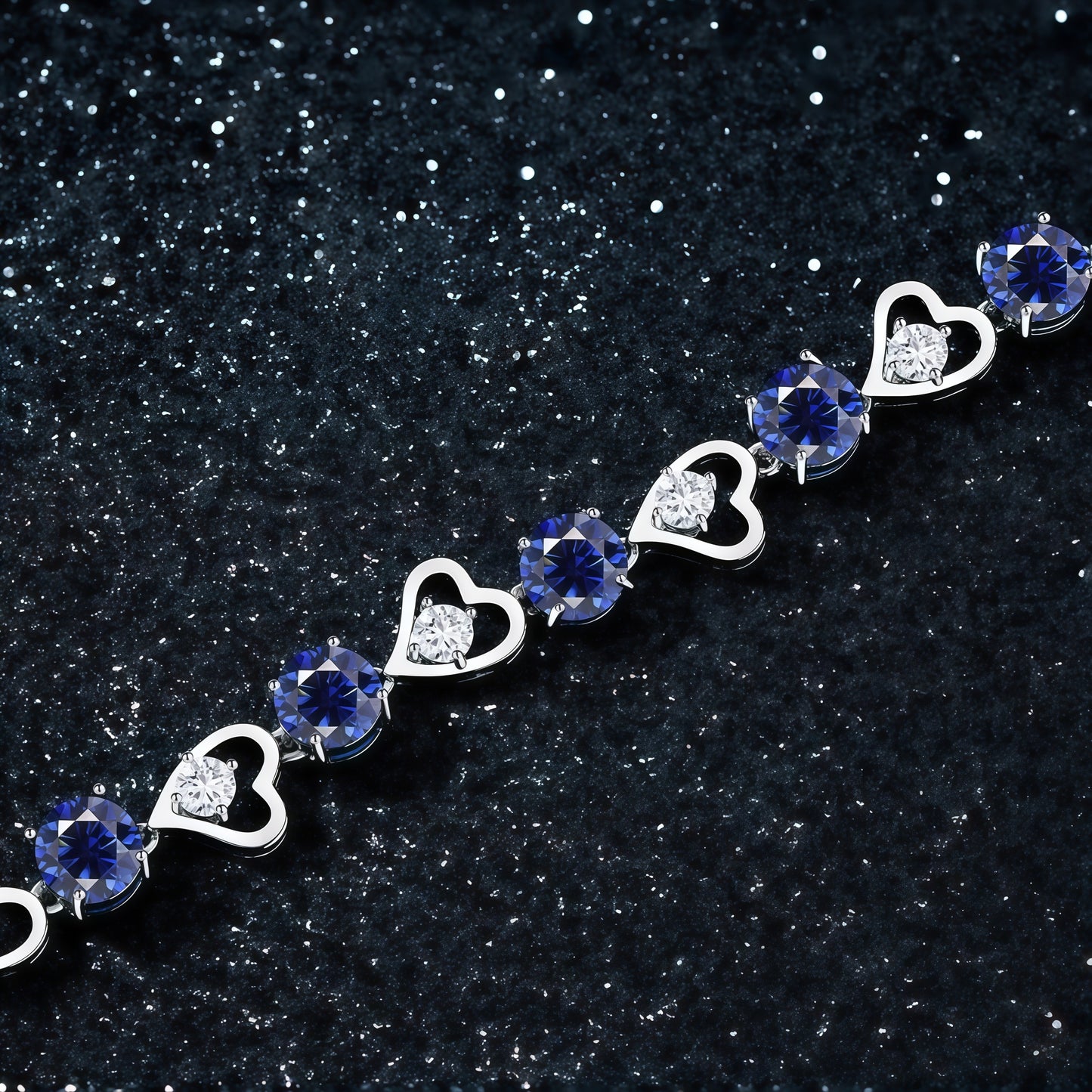 Heart Link Round Blue CZ Tennis Bracelet For Women, Copper Plated Silver With Adjustable Extension Chain Sapphire Color Cubic Zirconia Romantic Wedding Jewelry Gift