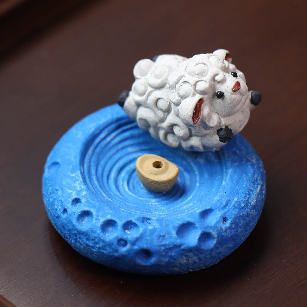 Purple Clay Tea Pet Sheep Ornament Handmade Zodiac Incense Holder