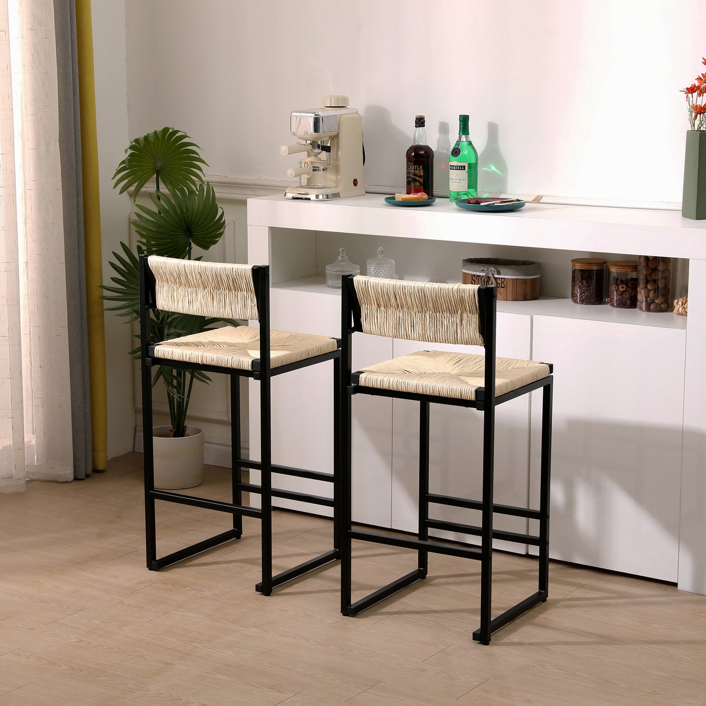 Creamy White Paper Rope Woven Bar Stools Set Of 2 Hand Weave Counter Stool With Footrest For Kitchen Island, Dining Room  Creamy White