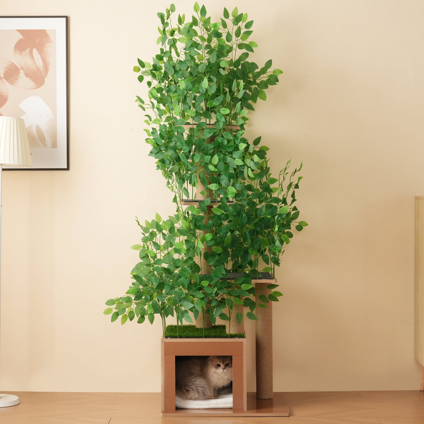 190 Cm Tall Tree-shaped Cat Tree With 4 Platforms And Cat Holes  Pet-safe Material, Removable Leaves, Scratch-resistant MDF  Suitable For Cats To Hide And Climb.
