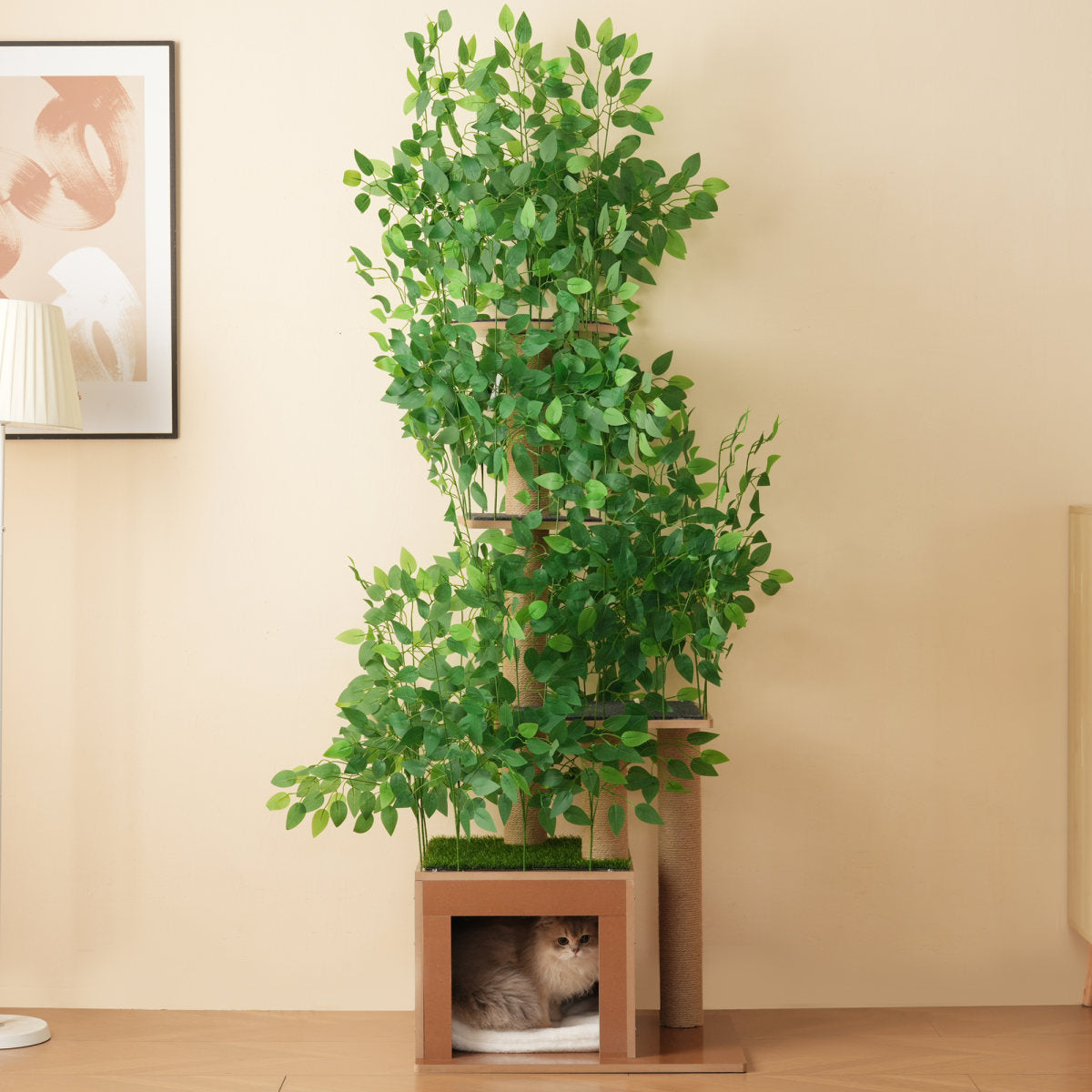 190 Cm Tall Tree-shaped Cat Tree With 4 Platforms And Cat Holes  Pet-safe Material, Removable Leaves, Scratch-resistant MDF  Suitable For Cats To Hide And Climb.