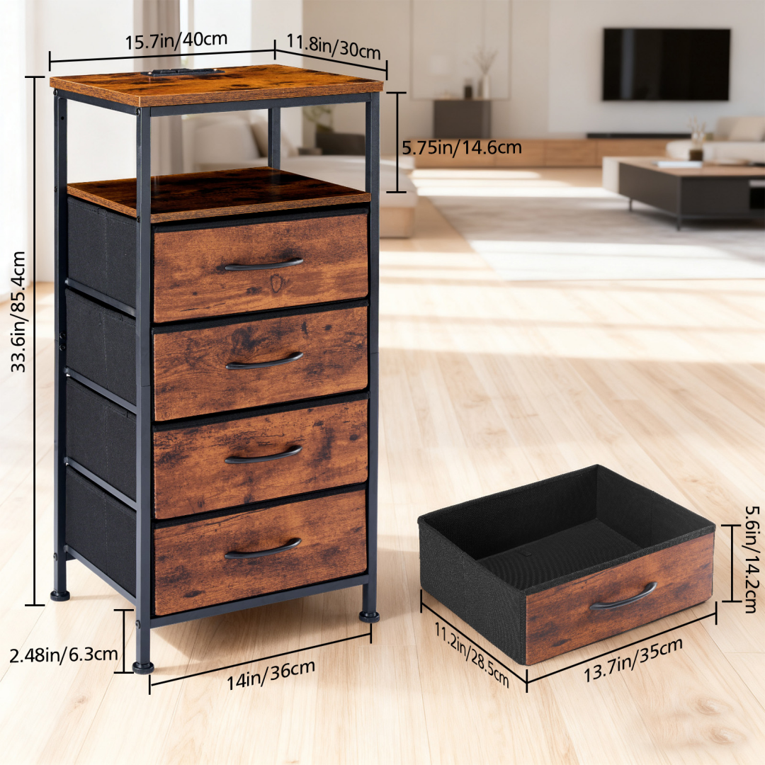 Nightstand With Charging Station, Bedside End Table With 5 Fabric Drawers & USB-Type-C Ports And Outlets