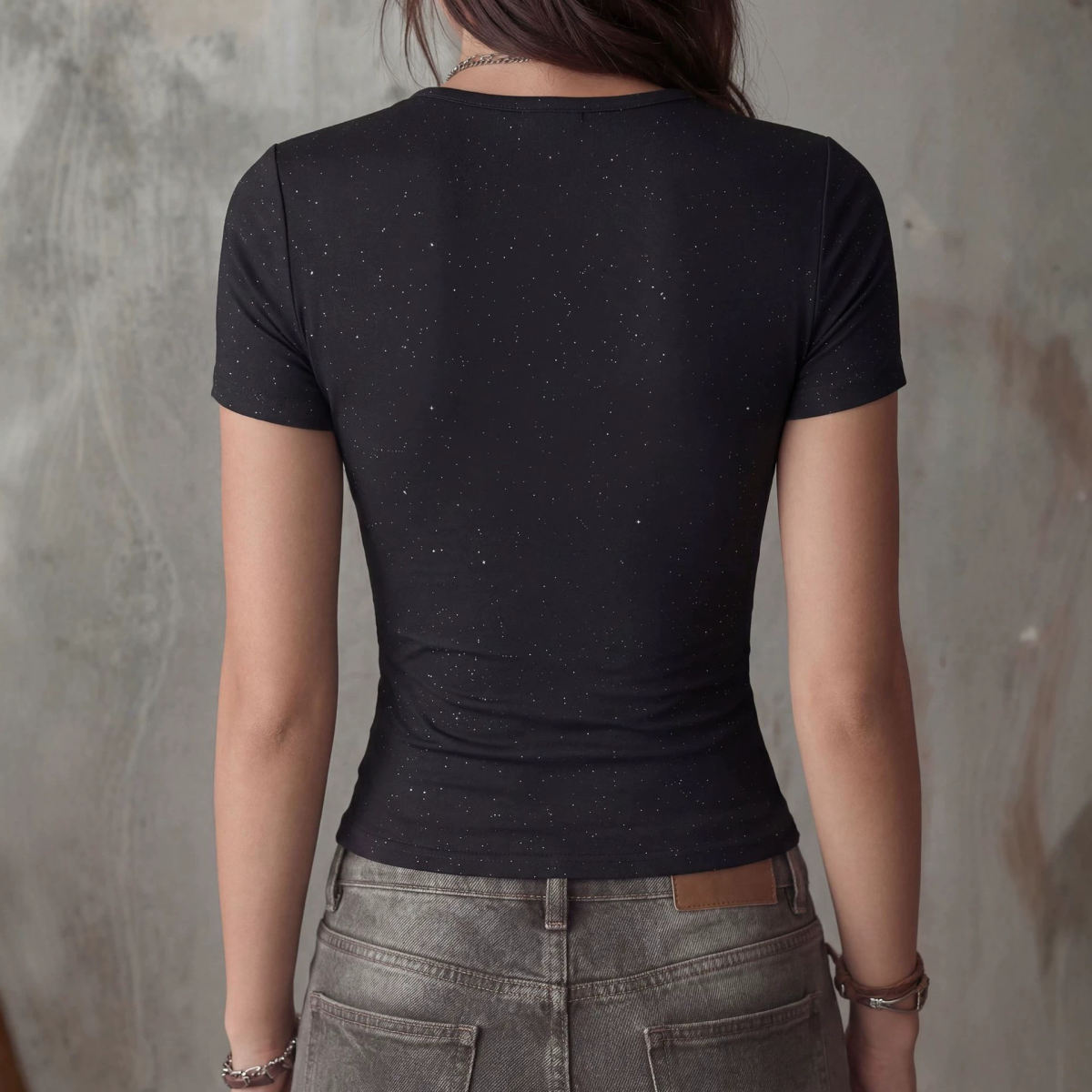 Sexy V-neck Fashion Silver-sequined Short-sleeve T-shirt Top