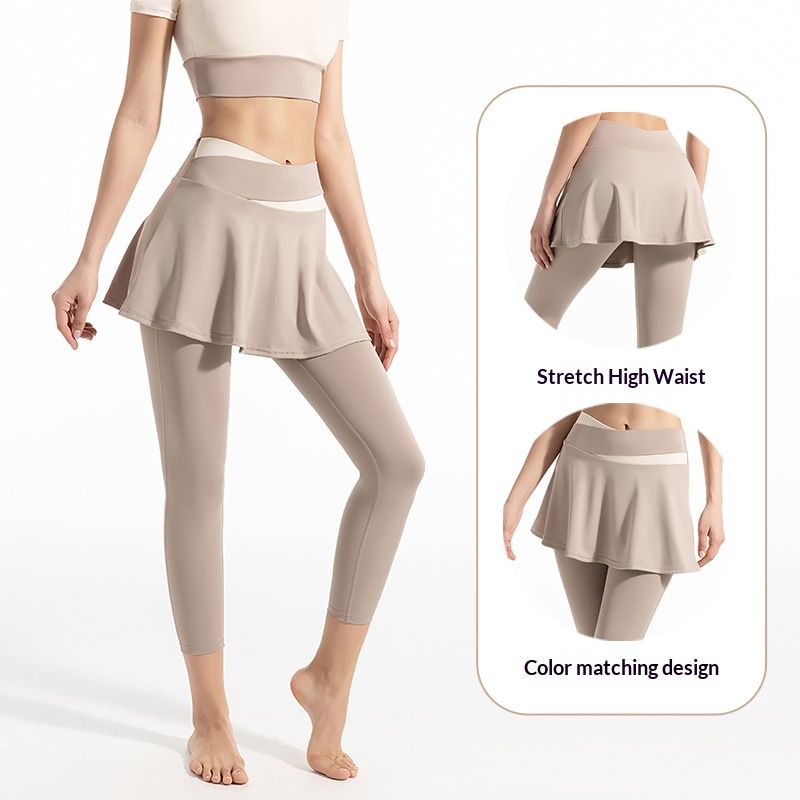 Color-matching No-wear Bra Quick-drying Fake Two-piece Short-sleeved Yoga Suit Women's High-waist Hiding Hip Anti-glare Fitness Culottes Suit