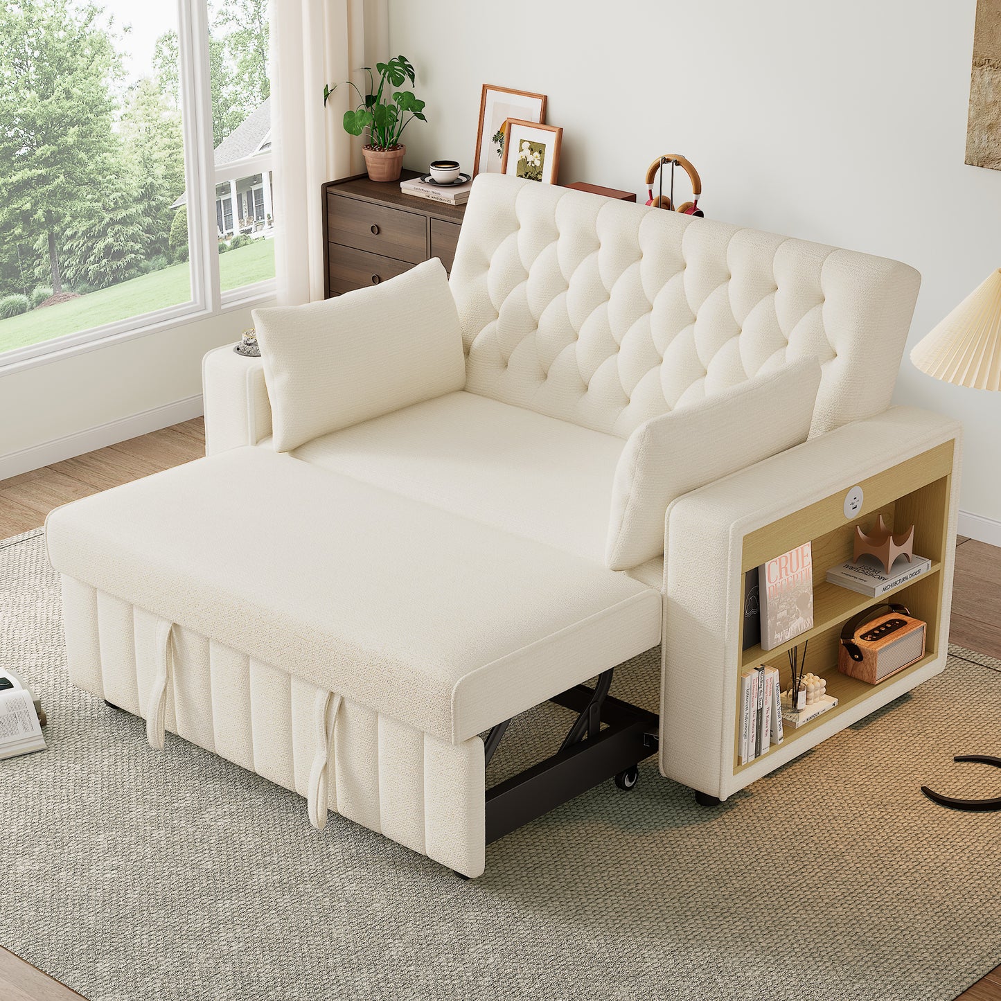 Modern 3 In 1 Folding Sofa Bed With Storage, Pull Out Chenille Sleeper, Cup Holders, USB Charging Port & Cushions, Convertible Double Sofa For Living Room, Bedroom, Guest Room,  Beige