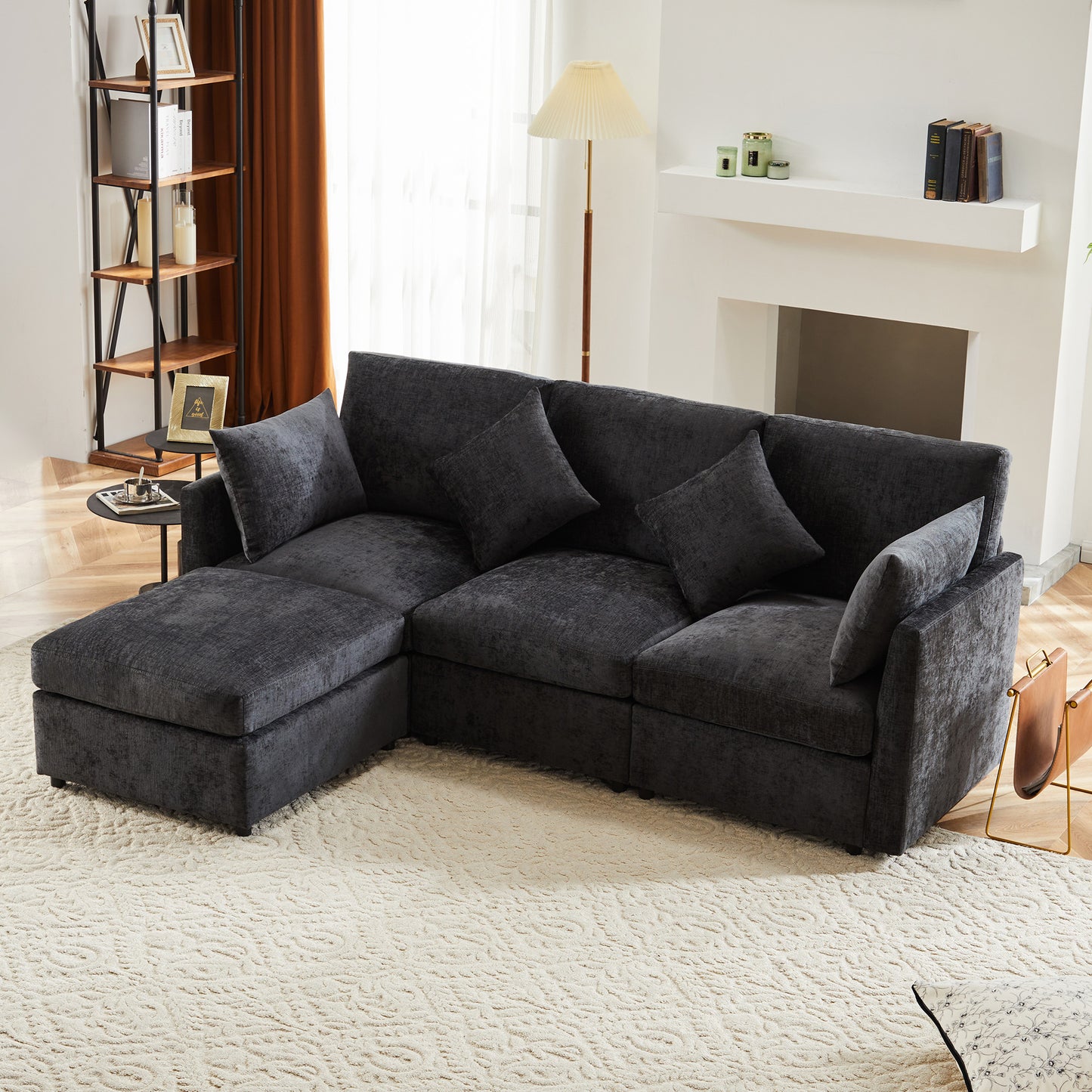L-shaped Corner Sofa, Convertible To 3-seater, Modular Design, With Movable Stool And 4 Chenille Cushions, Ideal For Living Room, Apartment And Office, Gray, With Video