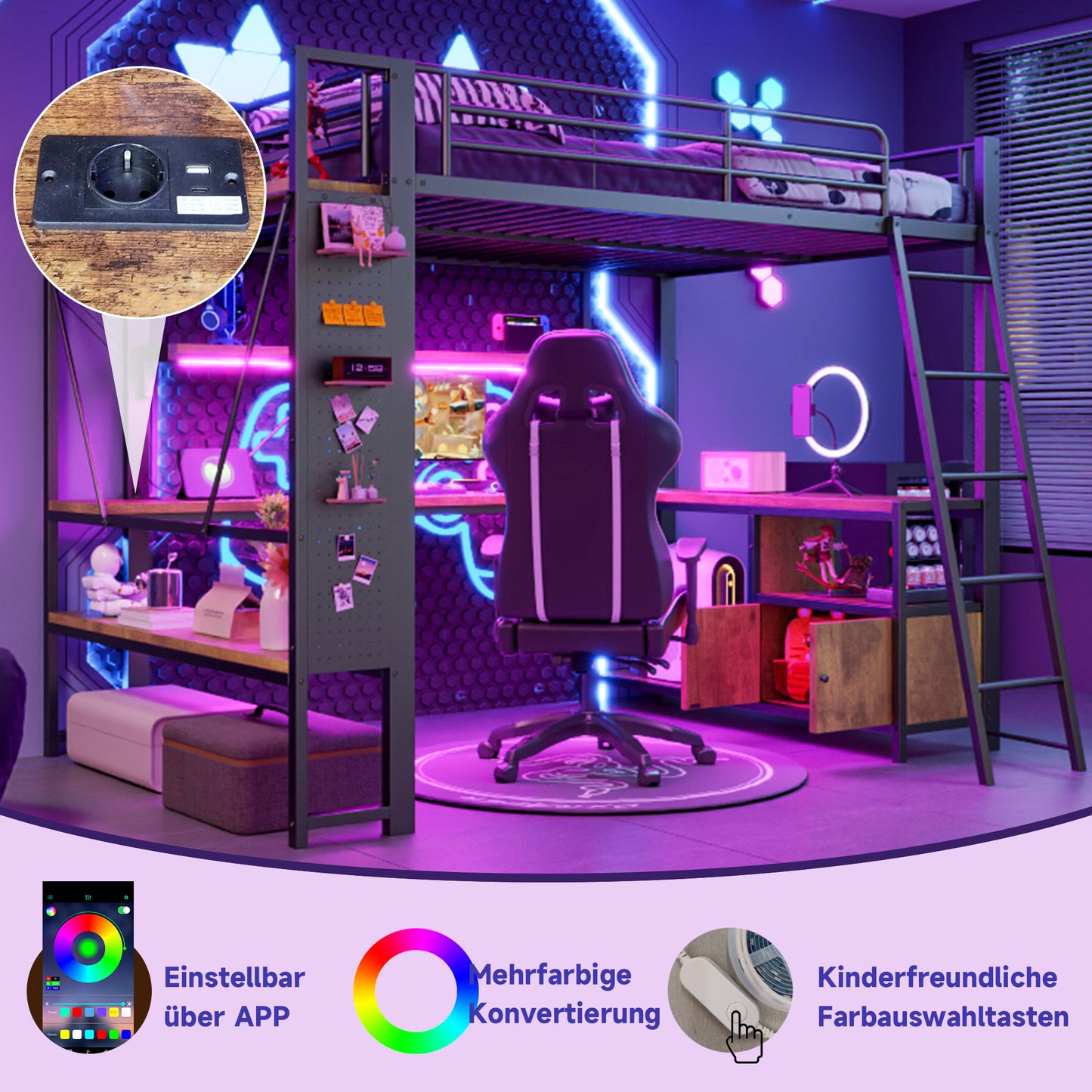 Loft Bed, 90 X 200 Cm, Iron Frame, With LED Light Strip, Desk, Storage Space, Several Shelves, Perforated Wall, USB Port, Without Mattress, Black