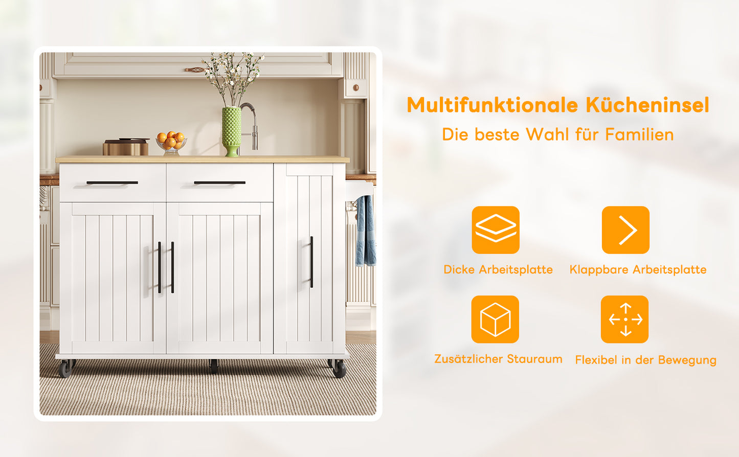 Kitchen Island With Drop Leaf, Storage Cart With 3 Tier Pull Out Cabinet Organizer, Internal Storage Rack, Rolling Cart On Wheels With Towel Bar & 2 Drawers For Dining Room, White