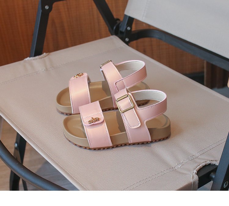 Girls' Fashion Letter Metal Button Sandals Korean Version Baby Velcro Single Shoes Girls' Leather Shoes