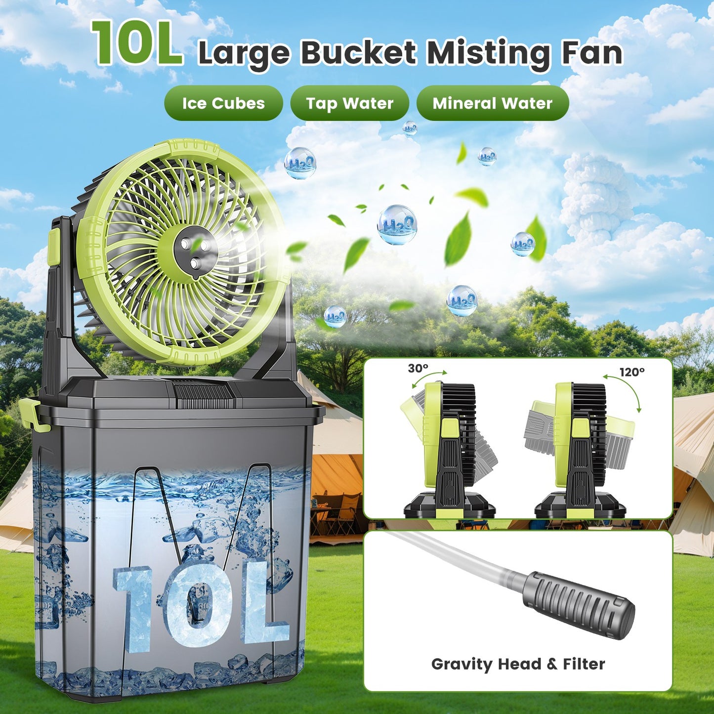 1Pc  5 In 1 20000mAh 10L Bucket Portable Misting Fan Indoor Outdoor Rechargeable Camping Cooling Fan Work As Air Cooler Humidifier Power Bank & RGB Night Light With Remote Control