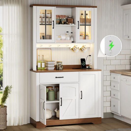 Barn-style Kitchen Tall Cabinet, Vintage Storage Cabinet With Adjustable Shelves, Drawers, Stainless Steel Hooks, Color-changing LED Lighting And Sockets, 185 X105 X40 Cm.