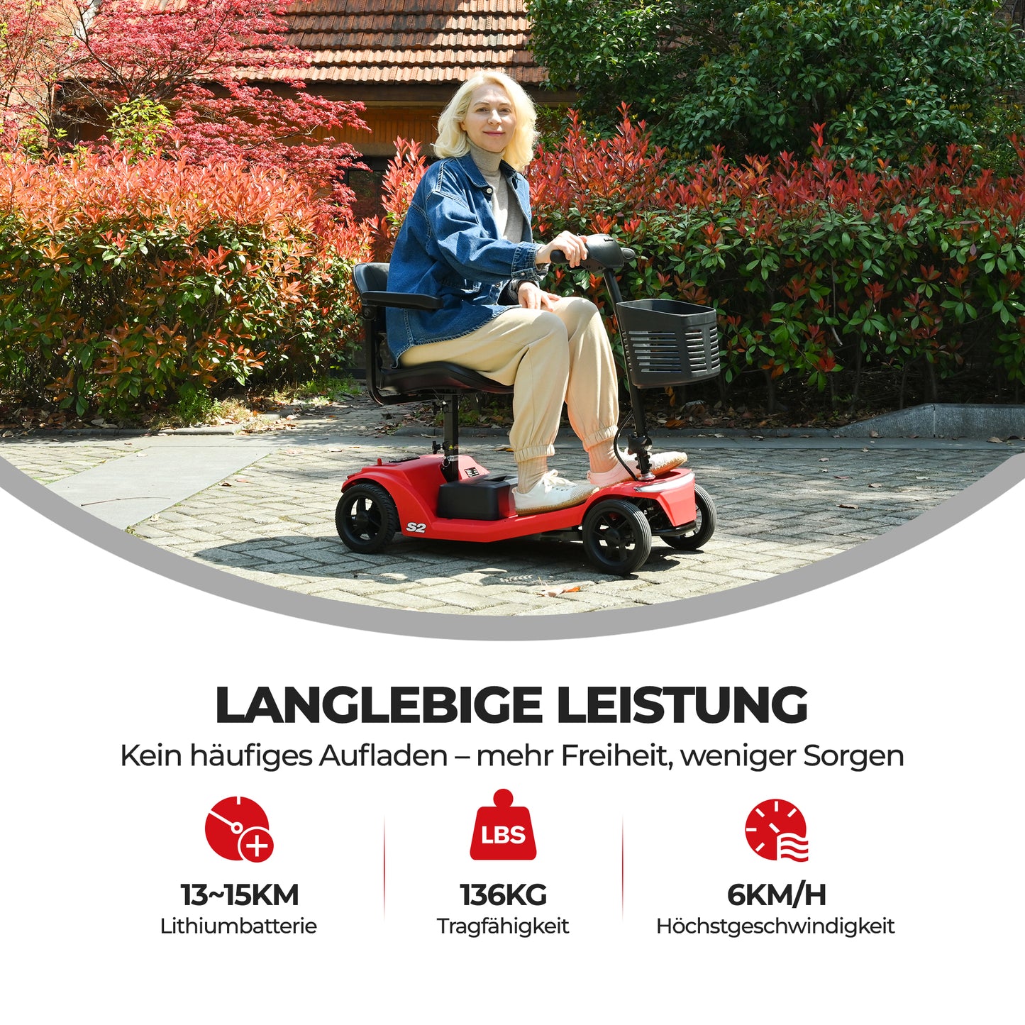 Four-wheeled Mobility Scooter For Seniors, Load Capacity 136 Kg, Speed 6 Km H, Removable Battery, USB Charging Port, No License Required  S2 RED