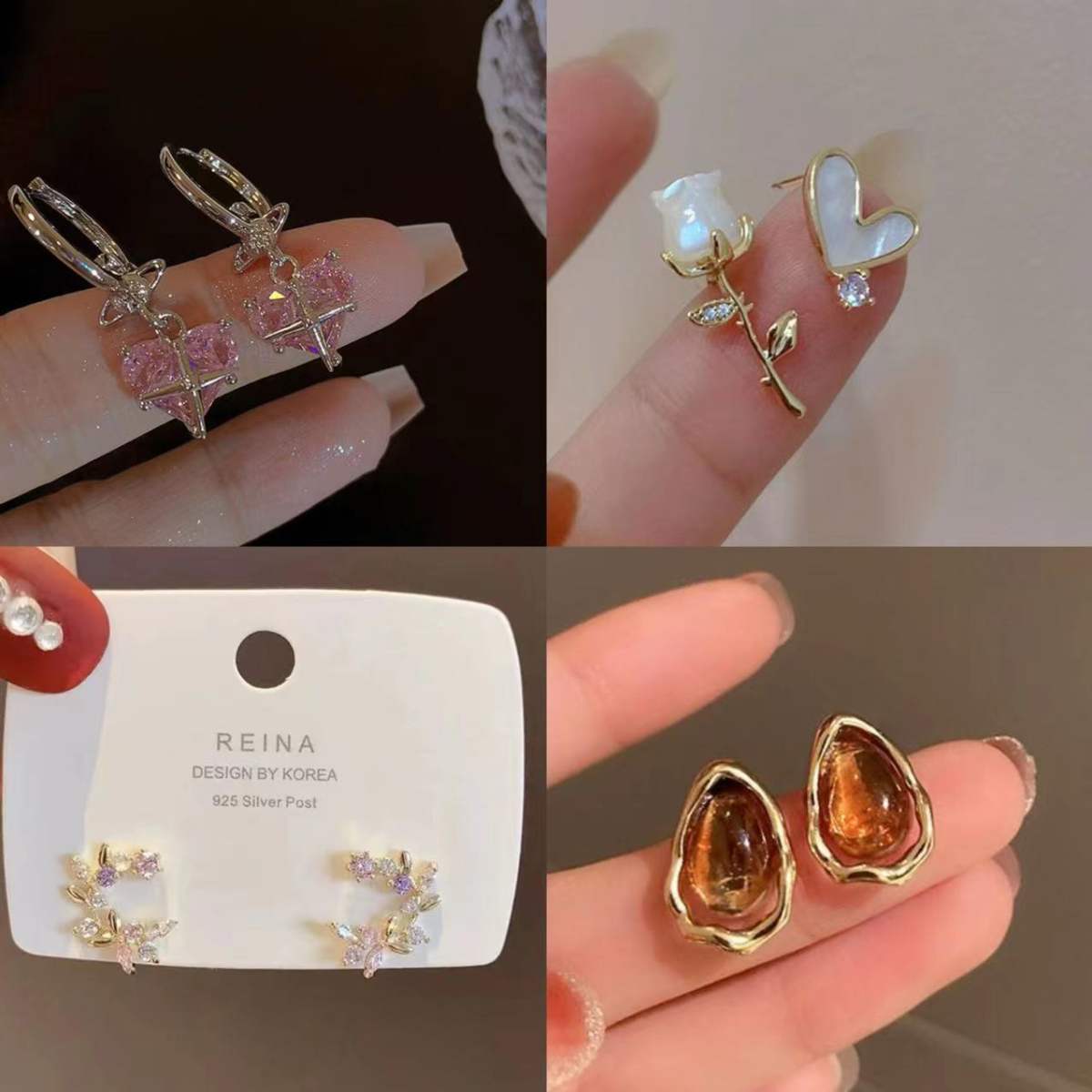 Silver Needle Flower Butterfly Resin Stud Earrings Niche Accessories