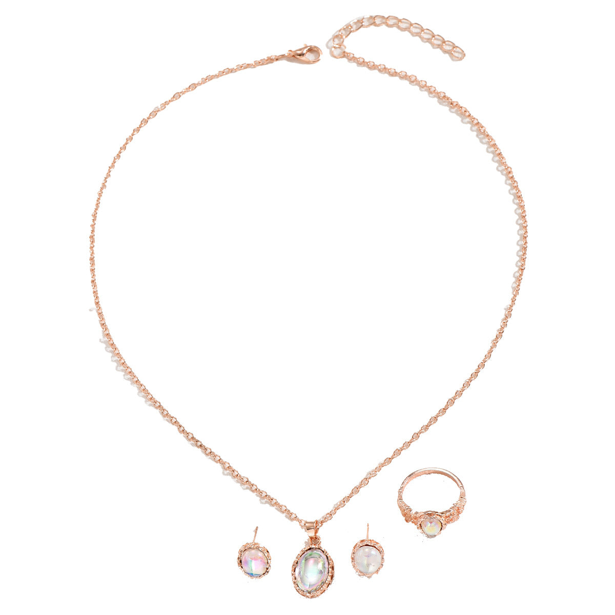 Cross-border European American Women Jewelry Set, Niche Inlaid Cubic Zirconia Necklace, Plain Band Ring & Matching Earrings, Premium Texture Versatile Daily Accessories