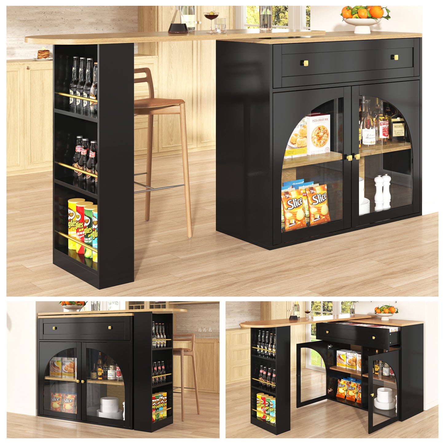 Extendable Bar Table With Storage  138-204x39x104cm , 360 Rotatable Edible,Modern Movable Bar Table,High Table Kitchen Island Bistro Table, Sideboard Cabinet With Shelves And Glass,Black