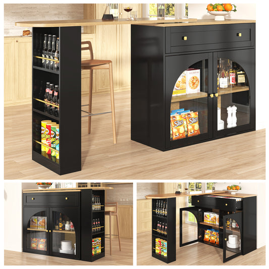 Extendable Bar Table With Storage  138-204x39x104cm , 360 Rotatable Edible,Modern Movable Bar Table,High Table Kitchen Island Bistro Table, Sideboard Cabinet With Shelves And Glass,Black