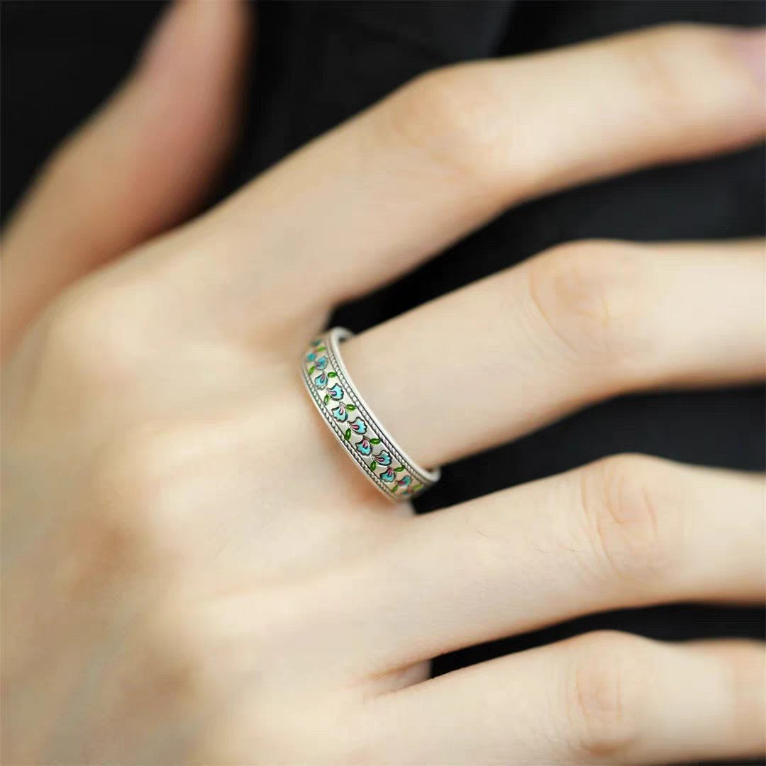 1pc 999 Sterling Silver Enamel Apricot Leaf Vine Ring, Retro & Fresh Style, Perfect For Daily, Dating & Gifting, Ideal Valentine's Gift