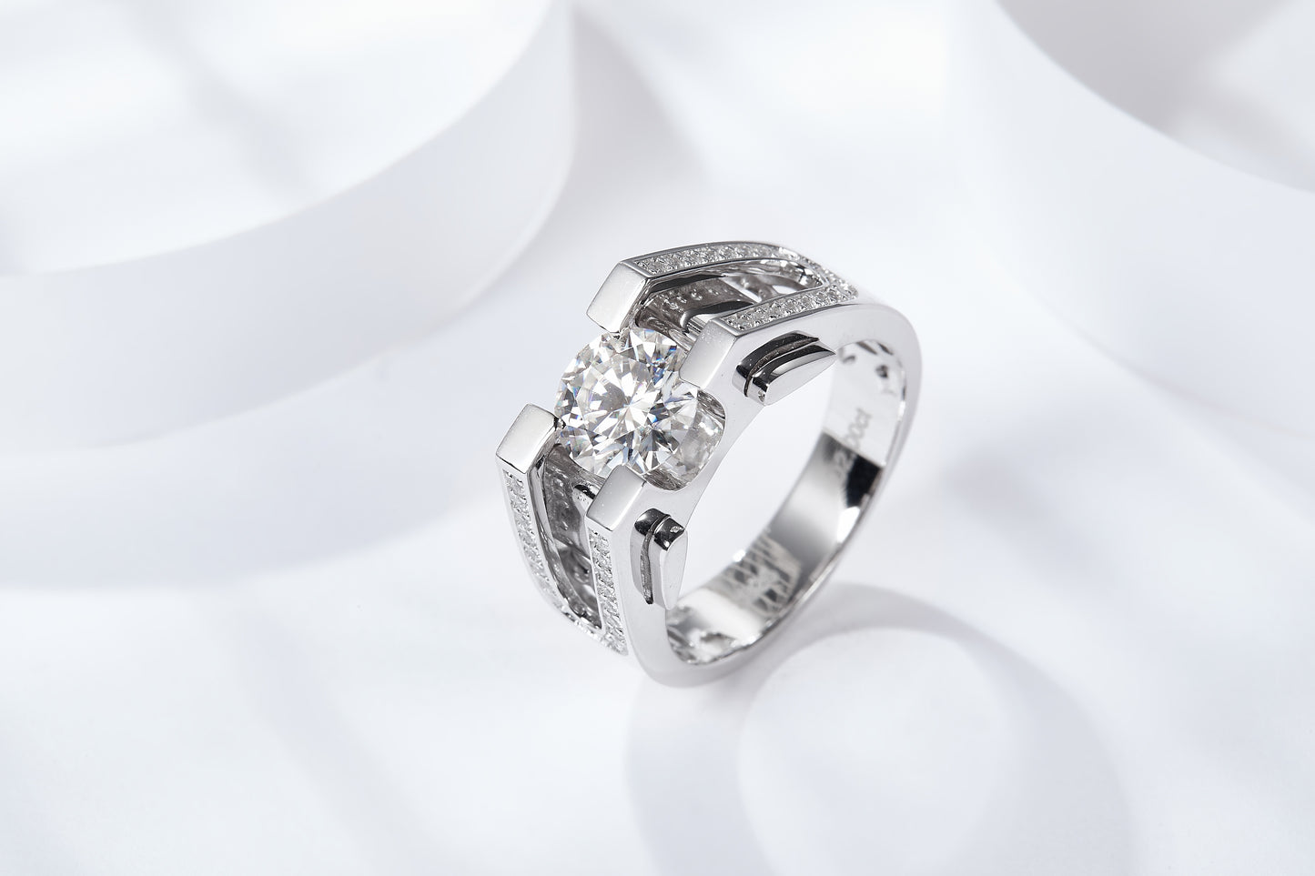 S925 Sterling Silver 1&2ct Moissanite Ring, D-VVS1 Geometric Double-Band Design, Platinum Plated, US Sizes 5-9, GRA Certificate Gift Box