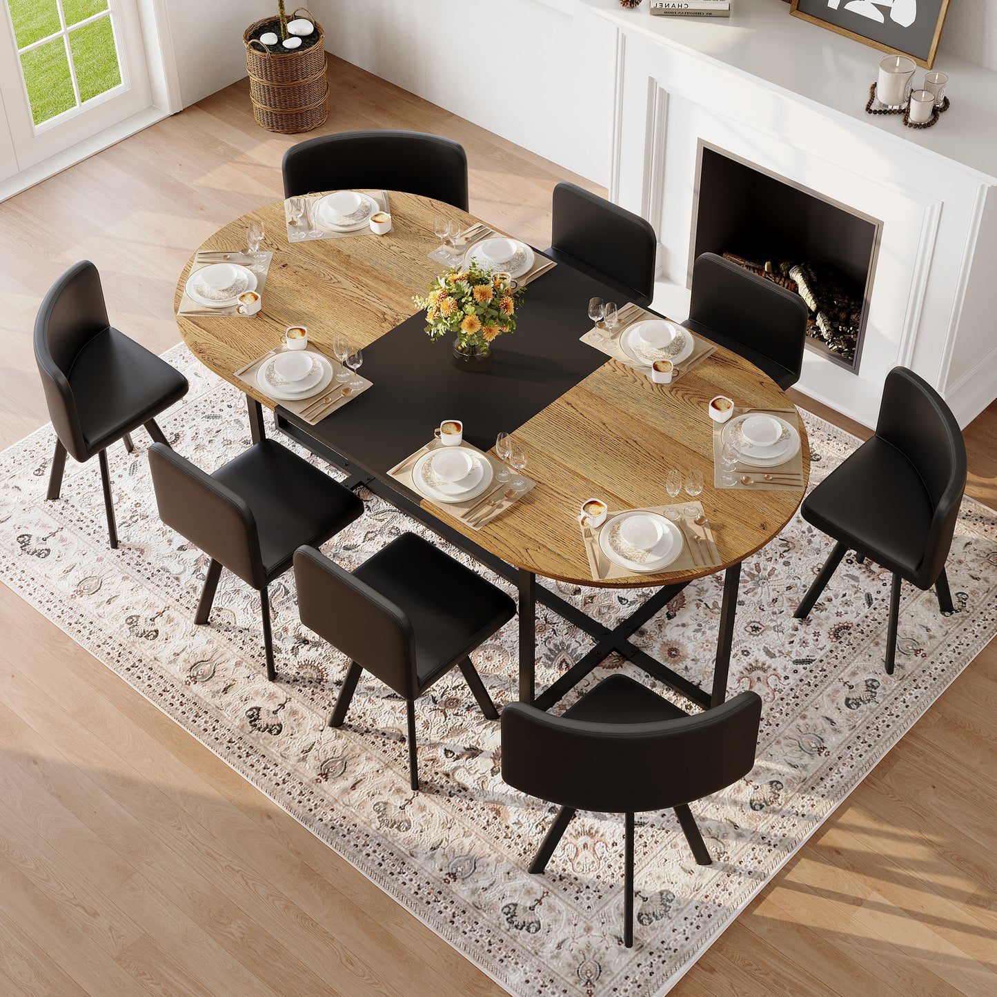 9-Piece Oval Dining Table Set, Fixed Two-Tone Wood Grain & Black Wood Grain Triamine Tabletop With 8 Black PU Leather Chairs, Modern Kitchen Table Set For 8 People, Ideal For Family Gatherings