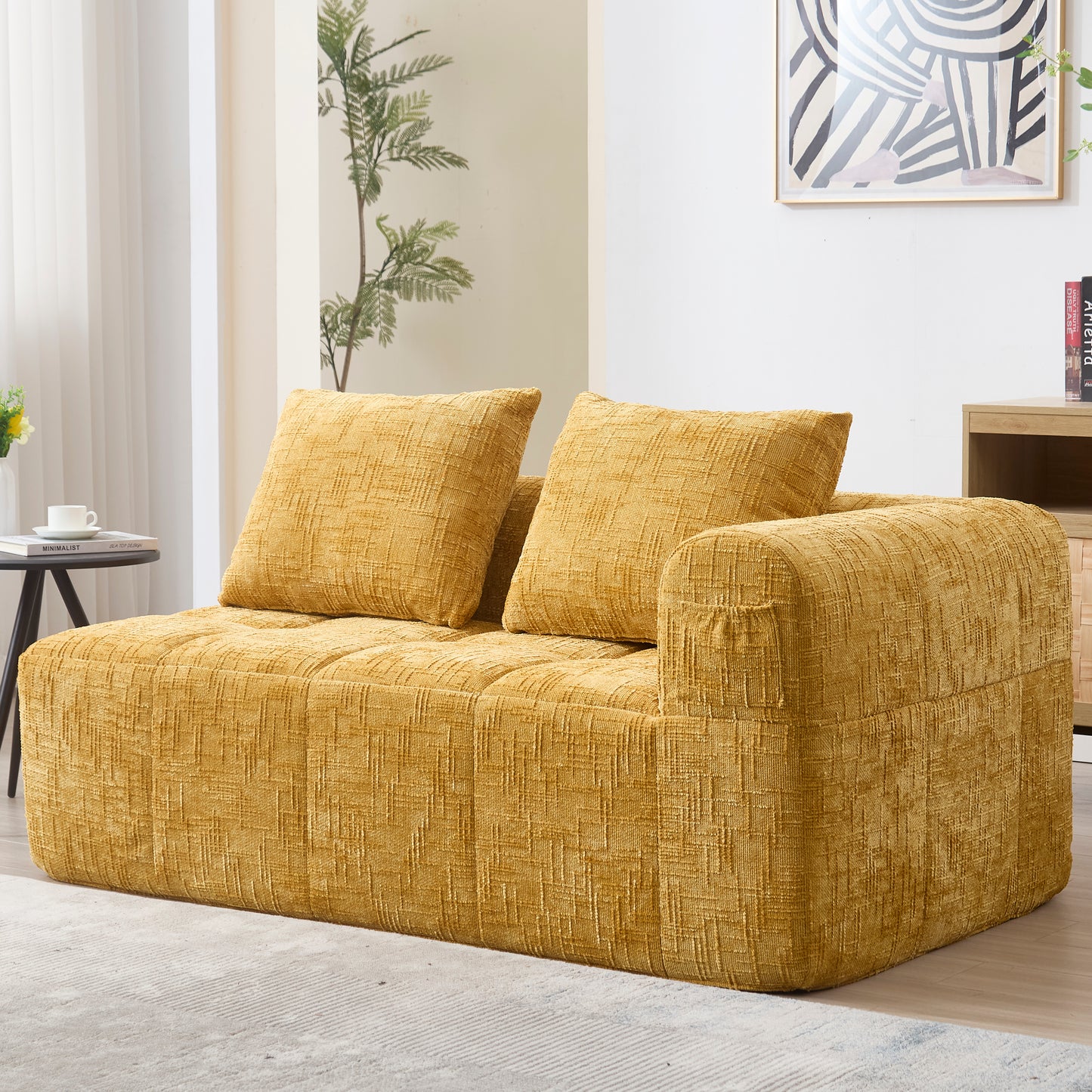 Comfortable Sofa For 2 People, No Assembly Required, Fluffy Sofa With A Cushion, Side Pockets For Remote Control And Mobile Phone, Neat And Stylish, Yellow