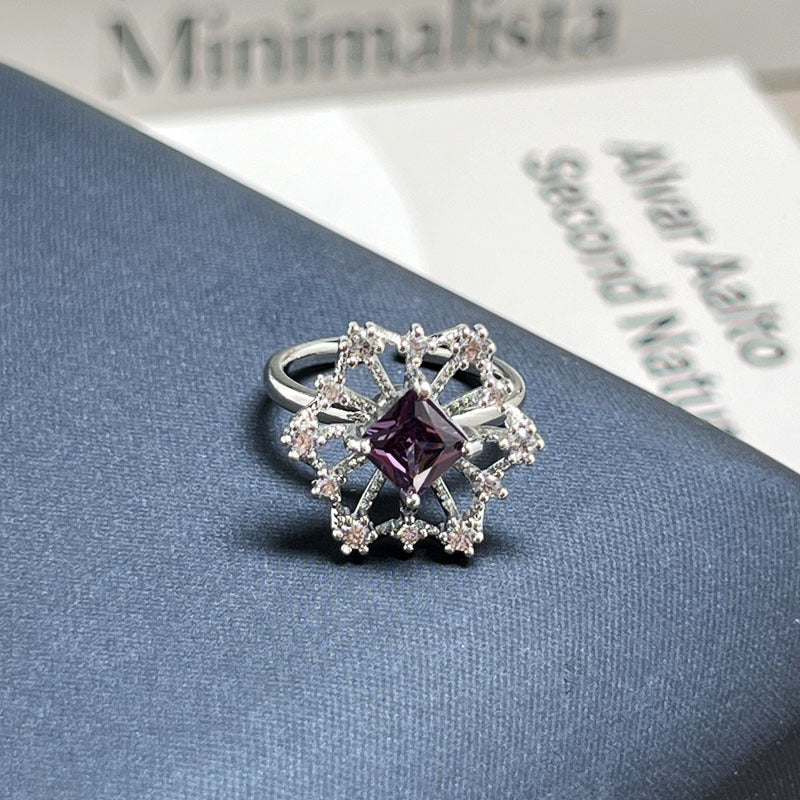 High Grade Light Luxury Nine Purple Fire Purple Stone Open Band Ring, Sweet Cool Stylish Niche Designer Women Ring, Ideal Jewelry Gift For Dating Daily Casual Occasions