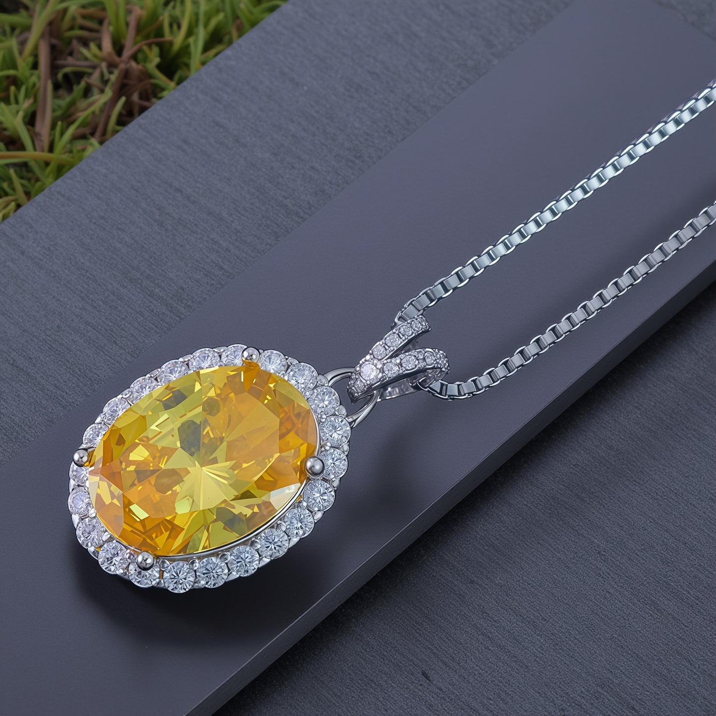 Oval Cut Yellow Citrine CZ Halo Pendant Necklace For Women, Copper Plated Silver Full Pave White Cubic Zirconia Vintage Wedding Bridal Statement Jewelry Gift