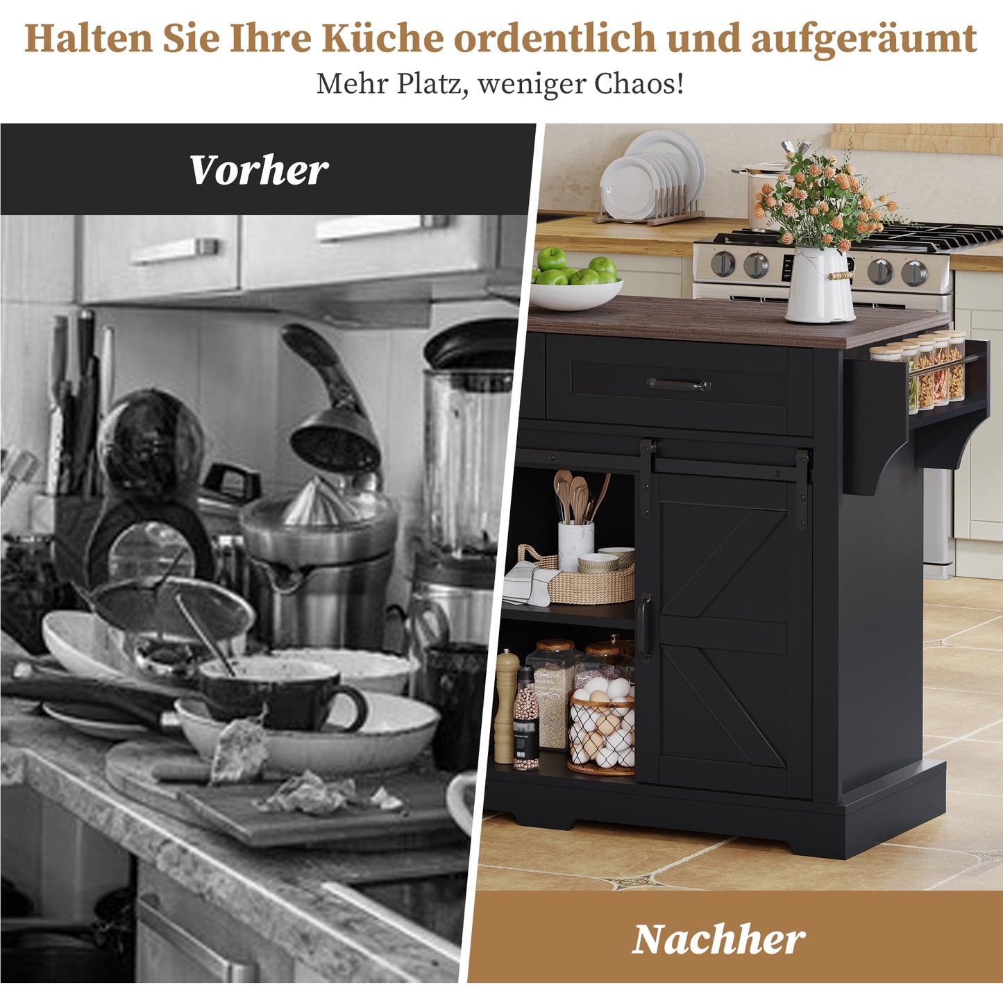 Kitchen Island With Folding Worktop, Kitchen Trolley On Wheels, Kitchen Cabinet With 2 Sliding Doors And 2 Drawers, Barn Style, Black, Kitchen Storage Cabinet, 120X45X91 Cm