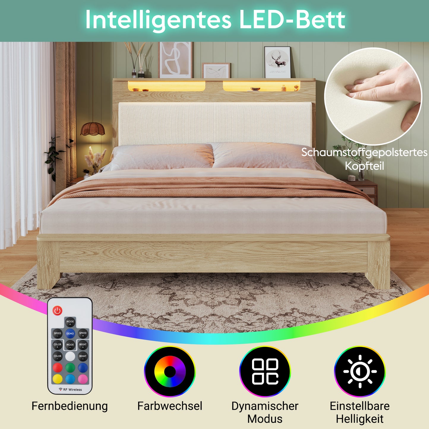 Double Bed Wooden Bed 180x200cm With Bed Bench, Headboard With Storage Space, LED Lighting And Beige Corduroy Upholstered Backrest, Including Bed Bench With Storage Space, Light Oak Without Mattress