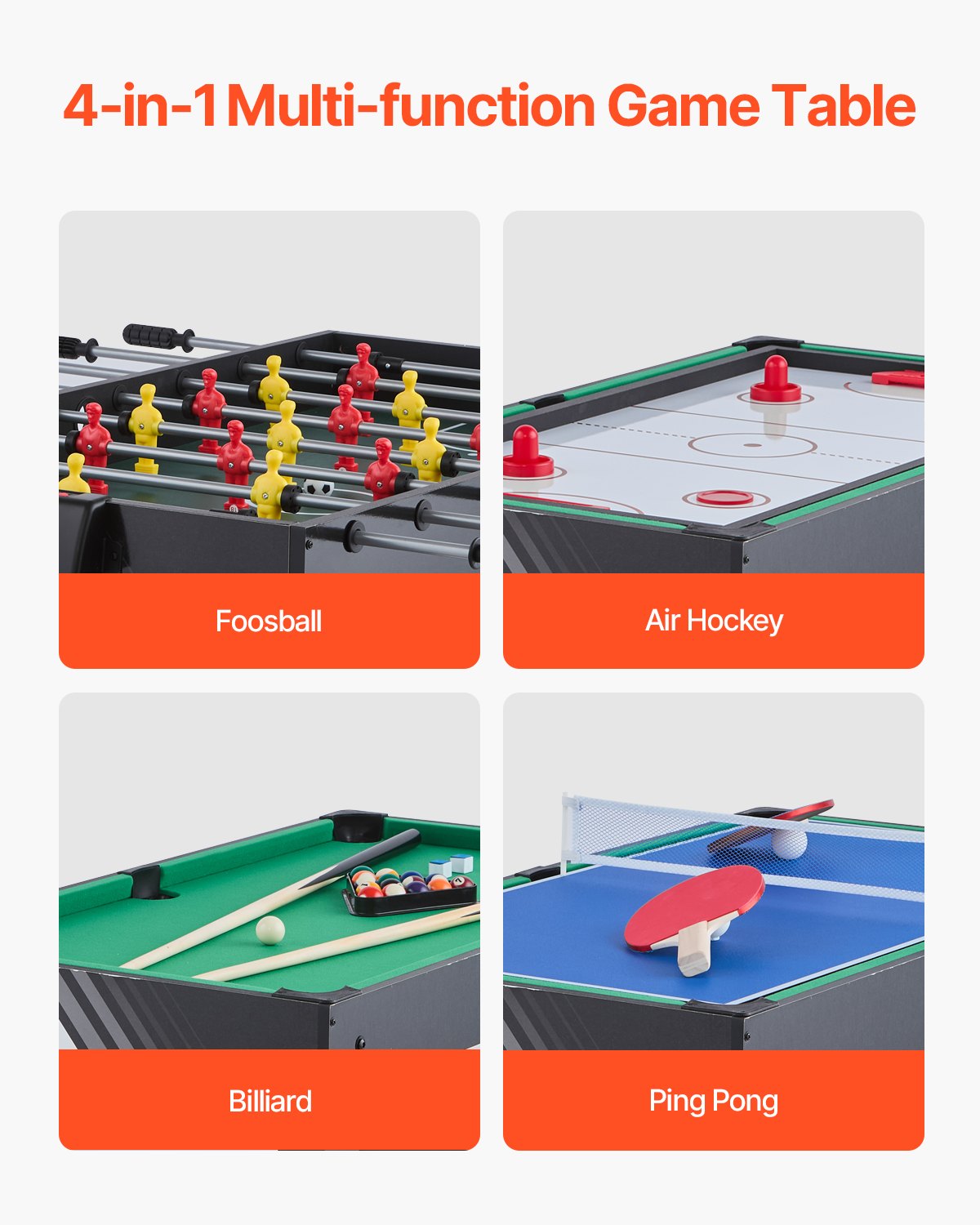 4-in-1 Combo Game Table Set, 48" Air Hockey Table, Multi Combination Table With Air Hockey, Pool Billiard, Foosball, Ping Pong, Pushers & Pucks, Sports Arcade Table For Family Game Room Office