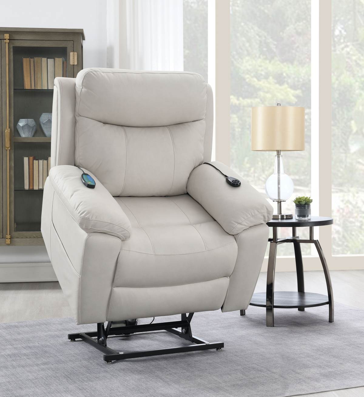 Chriki Beige Polished Microfiber Power Motion Recliner With Lift, Heating & Massage Chair