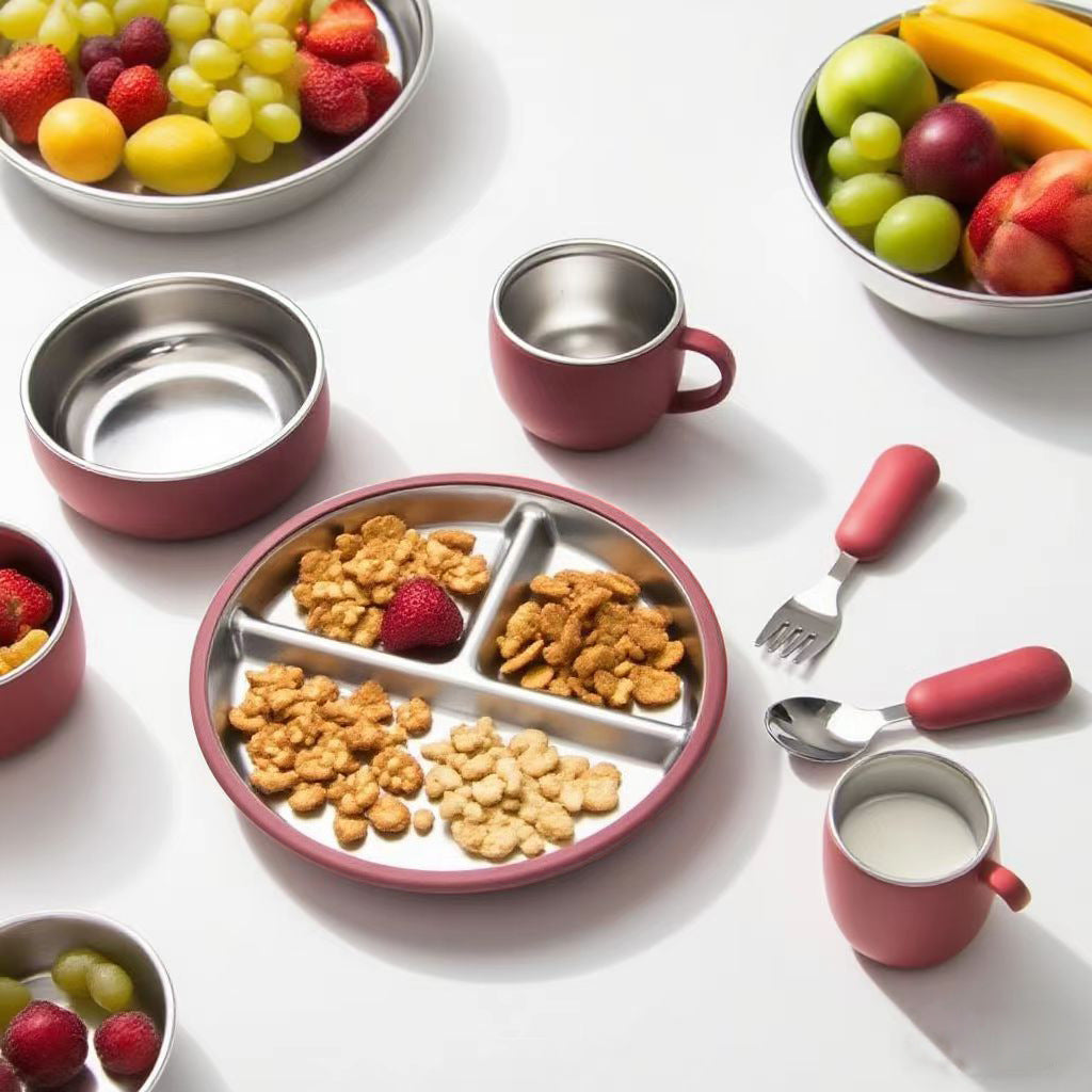 Stainless Steel Silicone Baby Feeding Set Suction-Cup Baby Solid-Food Tray Bowl Fork And Spoon Dinnerware
