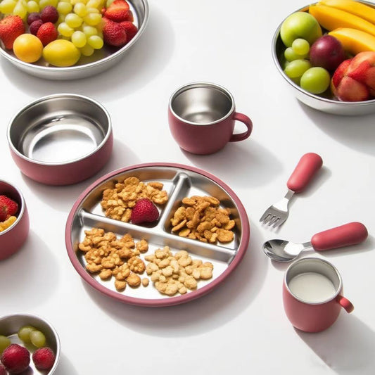 Stainless Steel Silicone Baby Feeding Set Suction-Cup Baby Solid-Food Tray Bowl Fork And Spoon Dinnerware