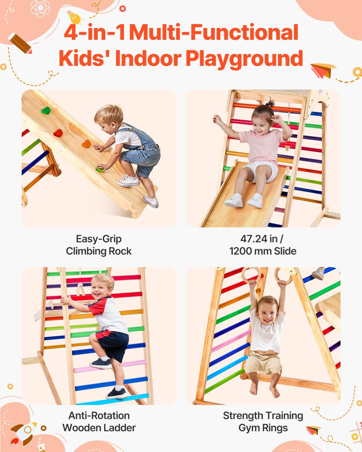 Indoor Playground Jungle Gym, 4-in-1 Wooden Indoor Playground Playset With Climbing Rock, Slide, Wooden Ladder & Gym Rings, Montessori Style Playground Climbing Toys For Boys Girls, 220LBS