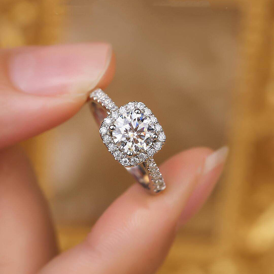 1 Piece  Sterling Silver Cushion Halo Moissanite Ring, Elegant Solitaire Style, For Engagement & Valentine's Gifts