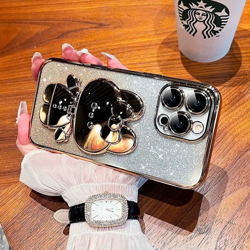 Electroplated Rabbit Stand Phone Case With Makeup Mirror Gradient Protective Cover