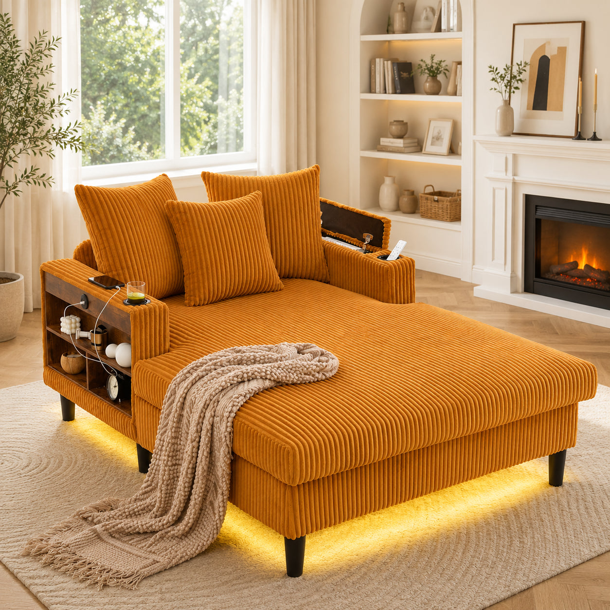 Multifunctional Corduroy Lounge With Chaise Longue With Large Lying Surface, Cup Holders On Both Sides, LED Lighting, Side Pocket, Storage Space, USB Charging Port, Sturdy Plastic Feet  Versatile.